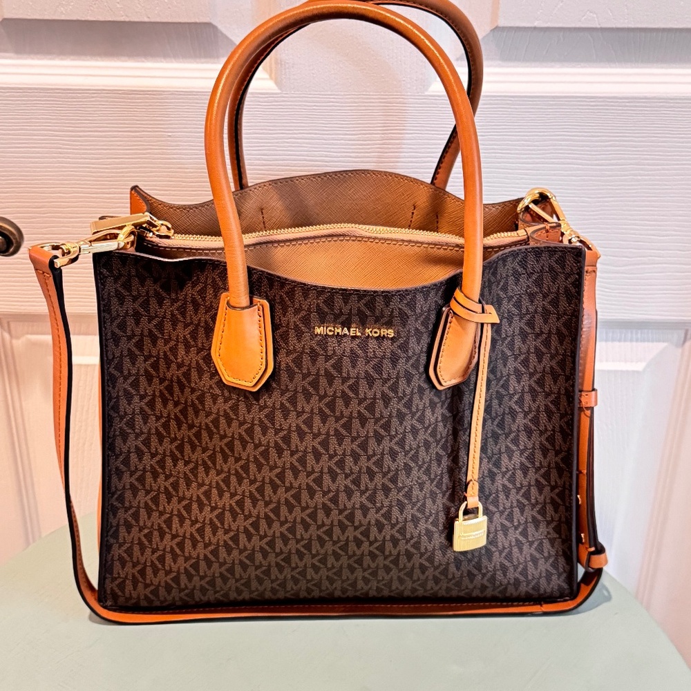 Michael Kors Woman's Logo Handbag, Chocolate Brown with Tan Leather